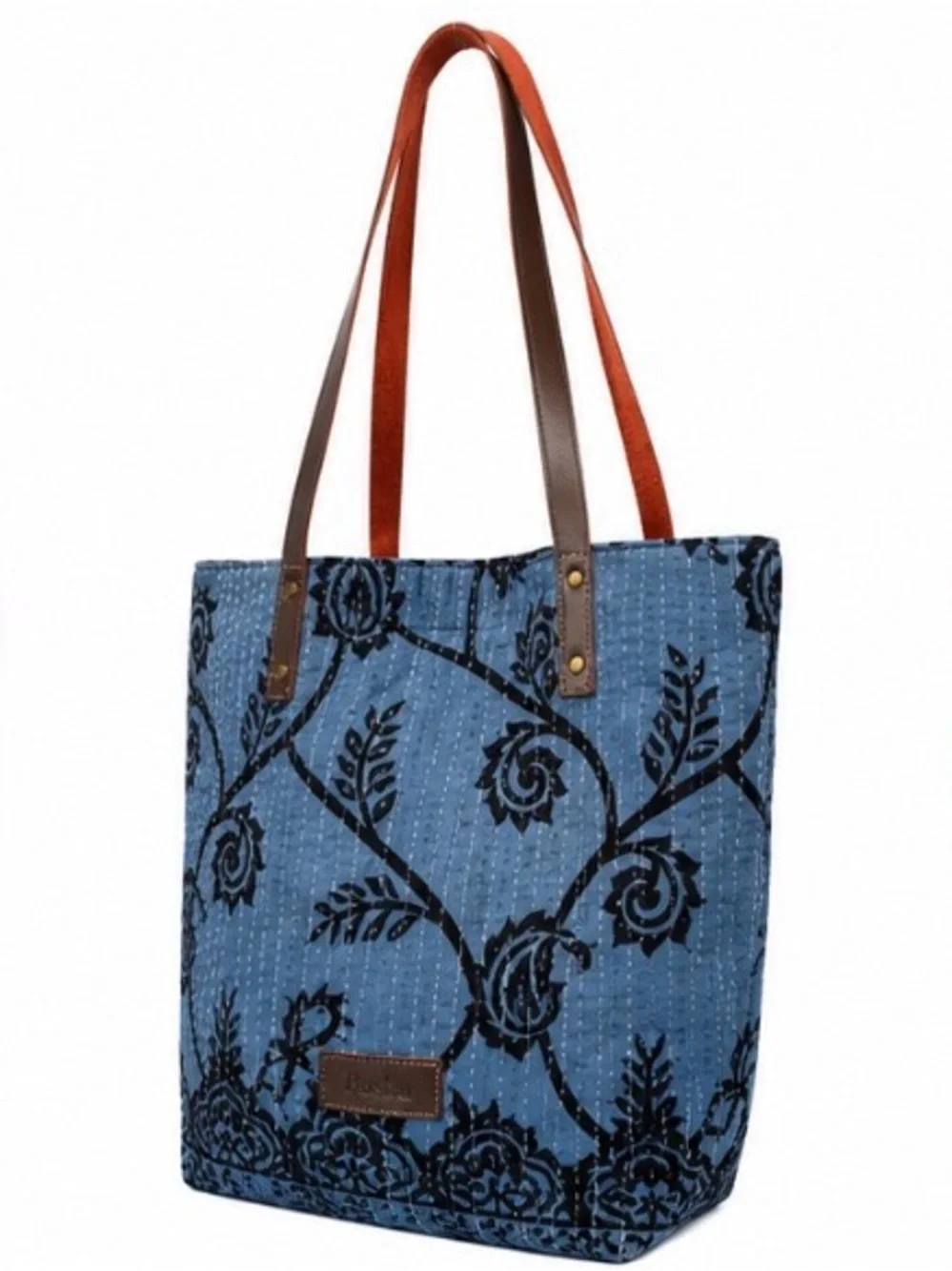 Basha Handmade Reclaimed Sari Cloth Quilted Tote Bag Blue Floral Leather Straps